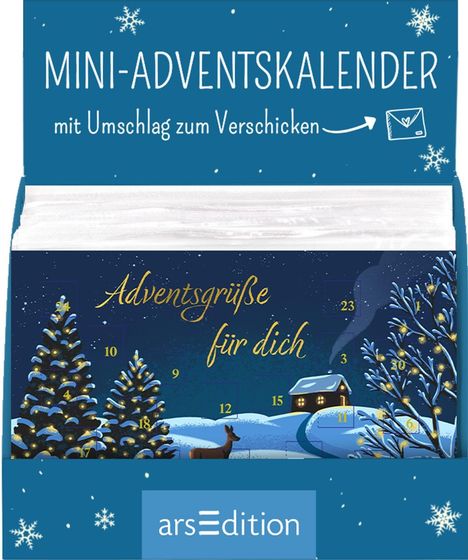 "MINI-ADVENTSKALENDER mit Umschlag zum Verschicken. Adventsgrüße für dich." Schneebedeckte Landschaft mit Tannen.