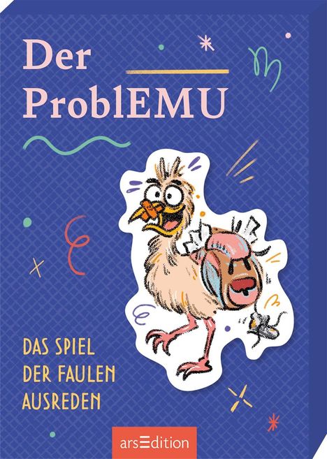 „Der ProblEMU“, „Das Spiel der faulen Ausreden“. Illustration eines scherzhaften Emus mit Rucksack. Verspieltes Design.
