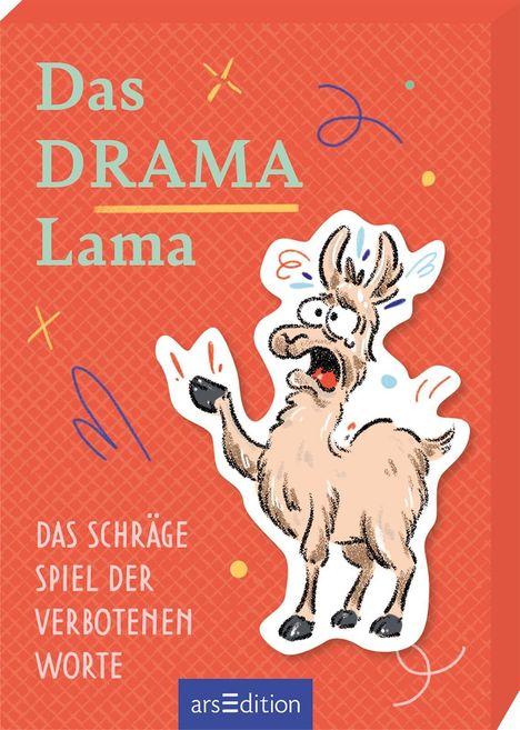 "Das DRAMA Lama. Das schräge Spiel der verbotenen Worte." Illustration eines aufgeregten Lamas auf rotem Hintergrund.