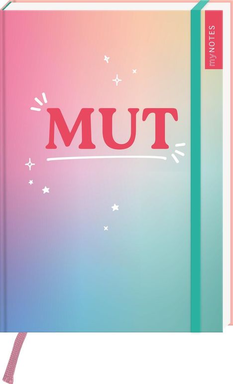 "MUT" in Rot, umgeben von Sternen. Ein Notizbuch mit Farbverlauf in Rosa und Blau, rechts steht "my NOTES".