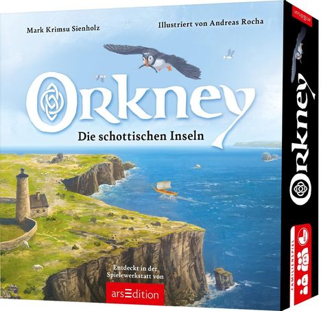 "Orkney Die schottischen Inseln" steht groß, darunter grüne Klippen, ein Turm, Meer, ein Boot und fliegende Papageientaucher.