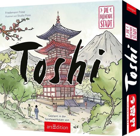 Text: "Toshi", "Geplant in der Spielewerkstatt von arsEdition", "Die Blühende Stadt". Illustration eines Pagodentempels vor Berg.