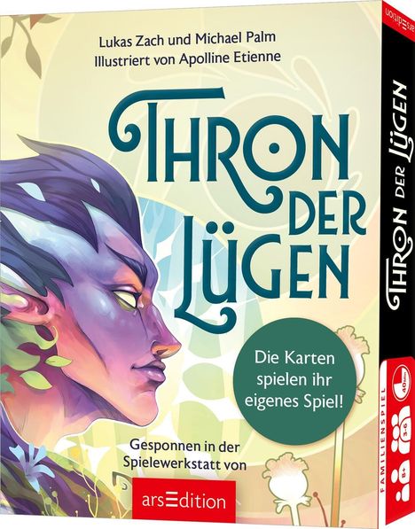 „Thron der Lügen“, darüber ein elfartiges Wesen mit lila Haut und Blattverzierungen. Familienspiel von arsEdition.