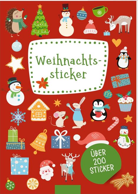 Text: "Weihnachtssticker", "Über 200 Sticker". Illustration mit Weihnachten-Motiven: Schneemänner, Geschenke, Tiere.