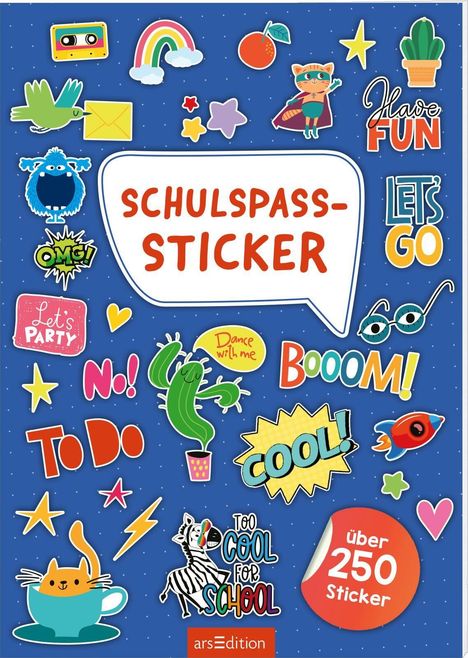 "Schulspaß-Sticker", "Let’s Party", "No!", "To Do", "Dance with me", "BOOOM!", "Have Fun", "Let's Go", bunte Illustrationen.