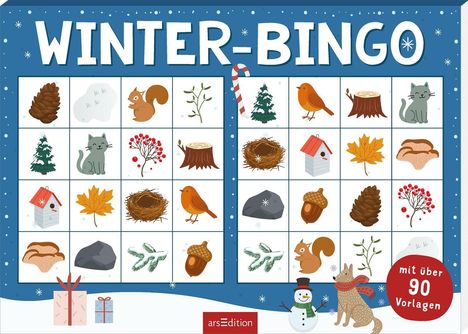 "WINTER-BINGO", Illustration mit Tieren, Natur und Symbolen. "mit über 90 Vorlagen" steht am Rand.