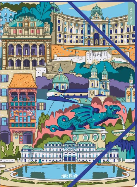 Eine bunte Illustration von Gebäuden, Monumenten und einem Drachenbrunnen. Rechts steht "my NOTES".