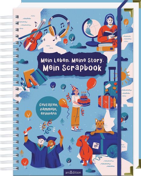 „Mein Leben. Meine Story. Mein Scrapbook“ und „Gestalten, sammeln, erinnern“. Fröhliche Illustrationen: Feiern, Reisen, Lernen.