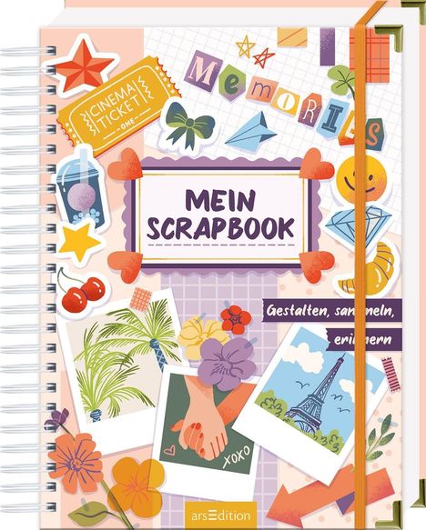 „MEIN SCRAPBOOK“, „Memories“, „Gestalten, sammeln, erinnern“. Bunte Aufkleber, Polaroids, Blumen und Symbole auf einem Cover.