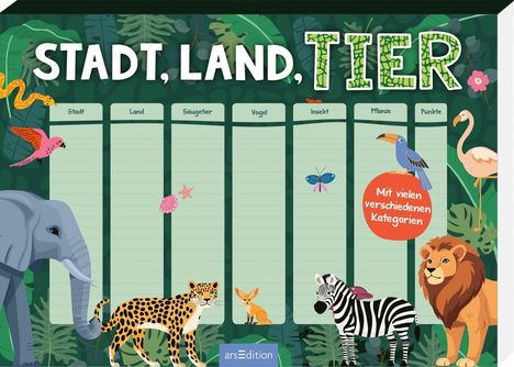 Tabelle mit Überschriften: Stadt, Land, Säugetier, Vogel, Insekt, Pflanze, Punkte. Illustrationen: Tiere und Pflanzen.