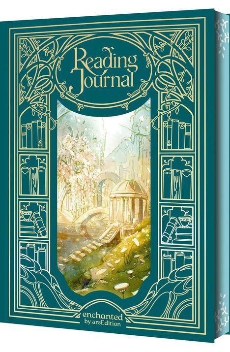 "Reading Journal" und "enchanted by arsEdition" in eleganter Schrift. Illustrationen von Büchern und einem märchenhaften Garten.