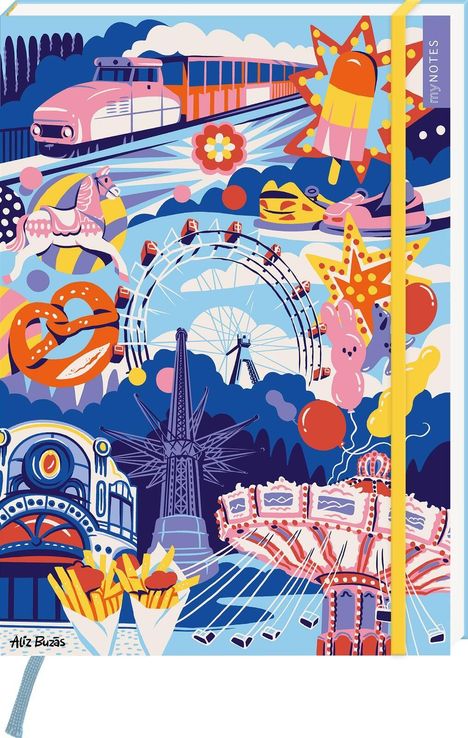 Text "my NOTES". Bunte Illustration: Achterbahn, Riesenrad, Kettenkarussell, Pommes, Luftballons und ein Lebkuchenherz.