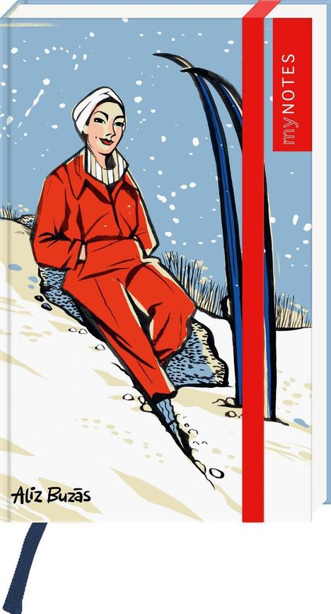 „my NOTES“ auf einem roten Band. Illustration einer Person in rotem Anzug auf Schnee, neben Skiern.