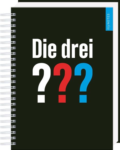 Text: "Die drei ???". Spiralgebundenes Notizbuch, schwarzer Hintergrund, Tab mit "myNOTES".