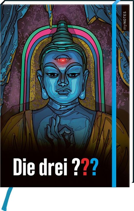 "Die drei ???" und "myNOTES". Illustration eines blauen Buddhas mit rotem dritten Auge.