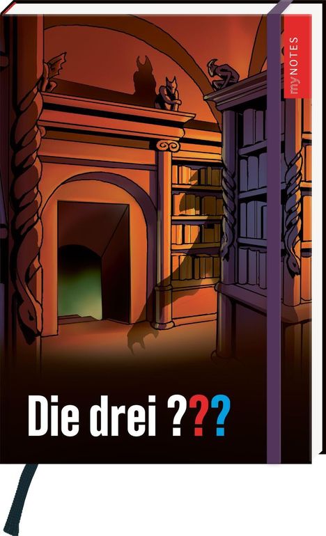 "Die drei ???" in Weiß und farbigen Fragezeichen. Bücherregal in dunklem Raum, mystische Schattenform, rote und blaue Töne.