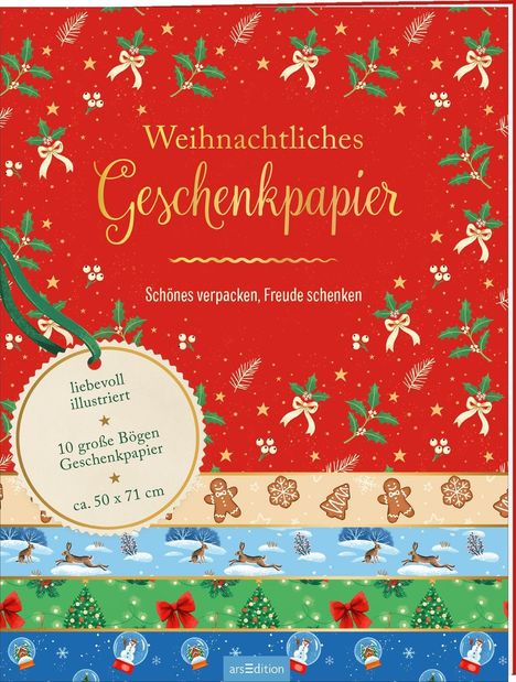 "Weihnachtliches Geschenkpapier", "liebevoll illustriert", "10 große Bögen Geschenkpapier", "ca. 50 x 71 cm". Weihnachtliche Motive.