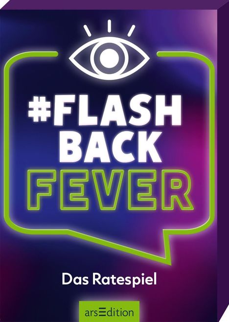 #FLASHBACK FEVER, Das Ratespiel, arsEdition. Ein stilisiertes Auge, neongrüner Rahmen auf buntem Hintergrund.