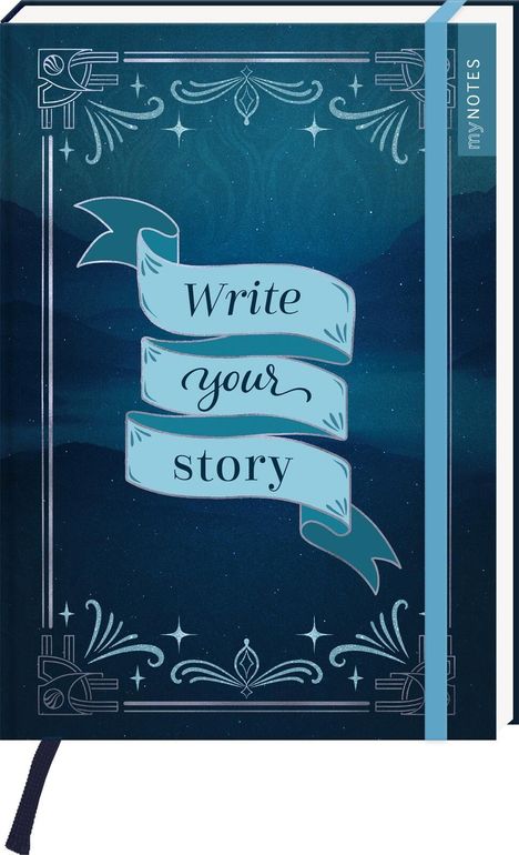 Text: "Write your story", "my NOTES". Ein verzierter blauer Hintergrund mit stilisierten Sternen und Dekorationen.
