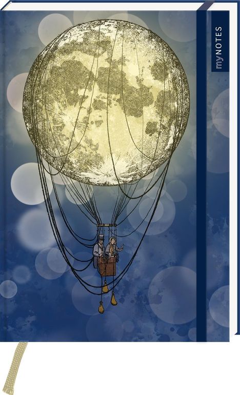 Text: "my NOTES". Illustration: Ein Heißluftballon in Form des Mondes, mit zwei Personen in einem Korb, auf blauem Hintergrund.