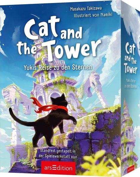"Cat and the Tower", "Yukis Reise zu den Sternen". Illustration: Katze mit rotem Schal vor altem Turm, blauer Himmel.