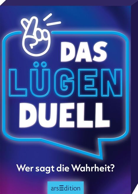 "Das Lügenduell. Wer sagt die Wahrheit?" Ein blaues, leuchtendes Sprechblasen-Design mit gekreuzten Fingern oben links.