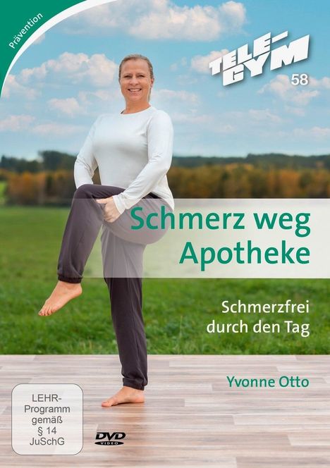 "Schmerz weg Apotheke", "Schmerzfrei durch den Tag". Eine Person steht mit einem angehobenen Knie auf einem Holzboden.