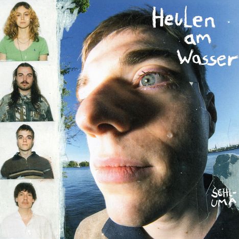 Text: "Heulen am Wasser" und "SCHLUMA". Rechts: Großes Gesicht. Links: Vier Porträts vor weißem Hintergrund.