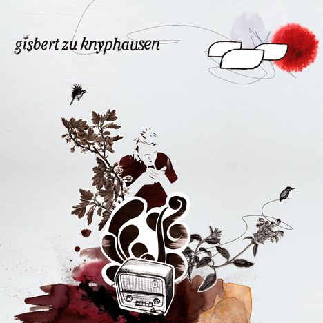 Text: "gisbert zu knyphausen". Illustration: Person neigt sich zu einem Radio inmitten von Pflanzen und abstrakten Formen.
