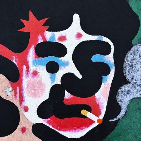 Gemälde eines Gesichts mit abstrakten Formen, kräftigen Farben, einer Zigarette und stilisierten Details.