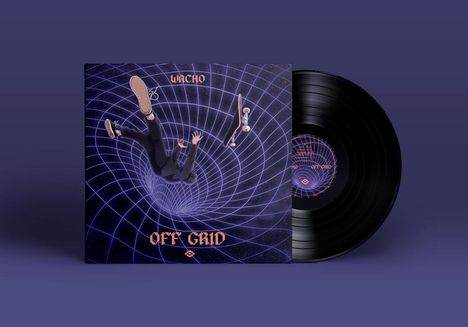 "OFF GRID" und "WACHO" stehen im Vordergrund. Illustration: Person fällt durch ein Netz, Skateboard daneben, schwarzes Vinyl im Hintergrund.
