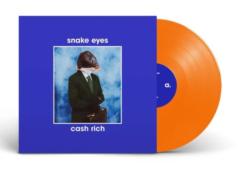 „snake eyes“, „cash rich“. Illustration: Mensch in Anzug mit Tierkopf vor blauem Hintergrund. Orangefarbene Schallplatte.