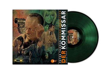 "Peter Thomas Sound Orchester, DER KOMMISSAR, Music from the Original TV-Series (1969-1972)." Illustration mit mehreren Figuren in spannender Szene, darunter ein Mann mit Pistole und ein Auto.