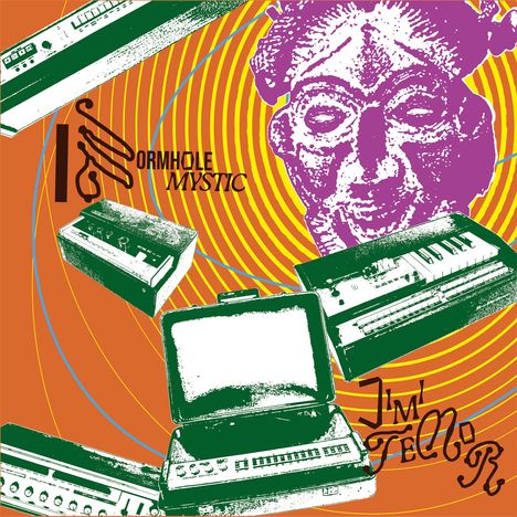 Texte: "WORMHOLE MYSTIC", "IMPEXNOR". Illustration: Synthesizer, Laptop, lila Gesicht, bunte Kreise auf orange.