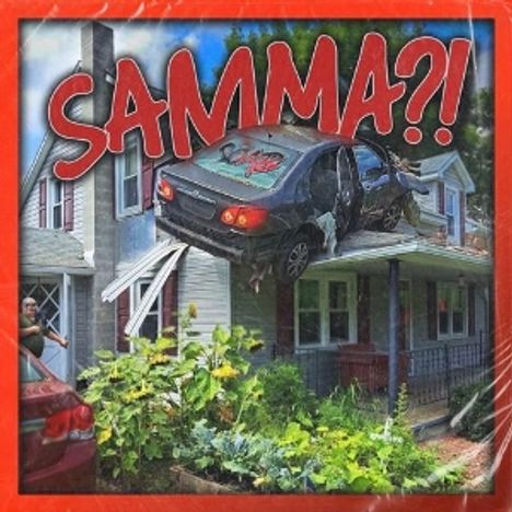 Das Wort "SAMMA?!" steht groß oben. Ein Auto ist in das Dach eines Hauses gecrasht, umgeben von Pflanzen.