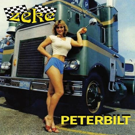 "Zeke" und "Peterbilt" in großen Buchstaben. Eine Frau lehnt an einem großen, grünen LKW. Sie trägt ein weißes Oberteil.