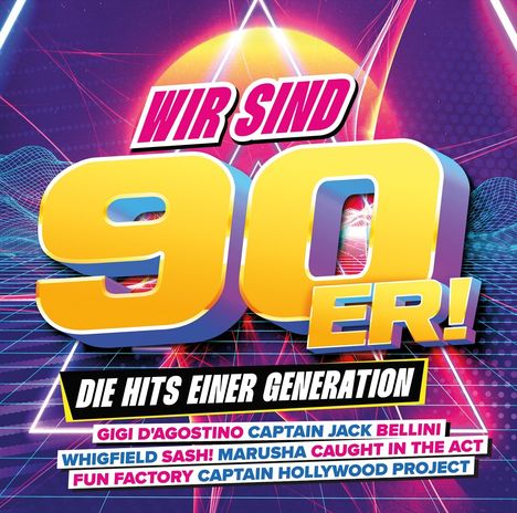 "WIR SIND 90ER! DIE HITS EINER GENERATION." Künstlernamen. Bunte, retro-futuristische Illustration mit neonfarbenen Linien.
