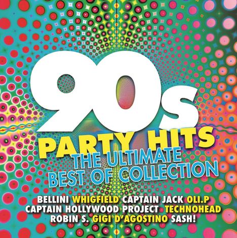 „90s Party Hits: The Ultimate Best Of Collection“. Künstler: Bellini, Whigfield, Captain Jack. Bunte, psychedelische Muster.