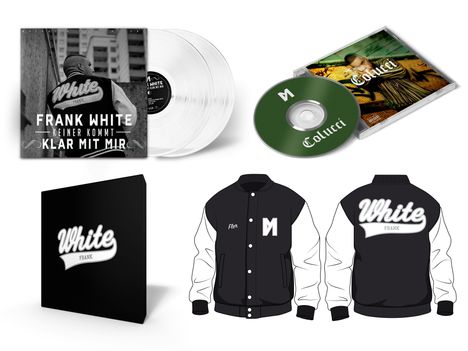 Frank White (Fler): Colucci (Limited-Deluxe-Box) (White Vinyl) (College-Jacke Gr. L), 2 CDs, 2 LPs und 1 Merchandise