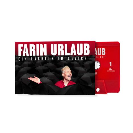 "FARIN URLAUB. EIN LÄCHELN IM GESICHT." Jemand lacht und hebt die Hand, umgeben von schwarzen Regenschirmen.