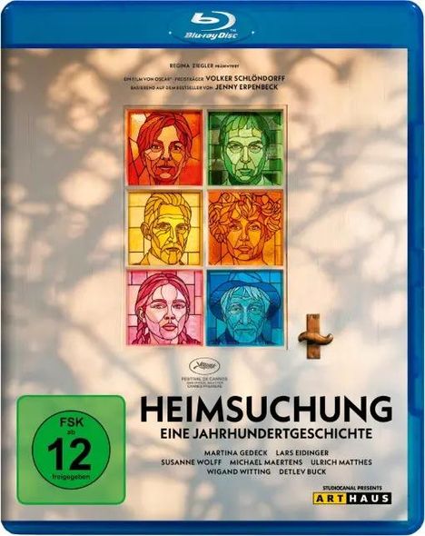 "Heimsuchung: Eine Jahrhundertgeschichte" in großen Lettern. Sechs bunte Porträts in einem Fenster. Freigegeben ab 12 Jahren.