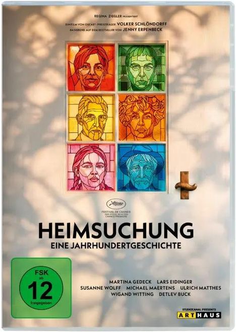 "Heimsuchung: Eine Jahrhundertgeschichte" steht groß oben. Darunter bunte Gesichter in sechs Fenstern, daneben ein Türgriff.