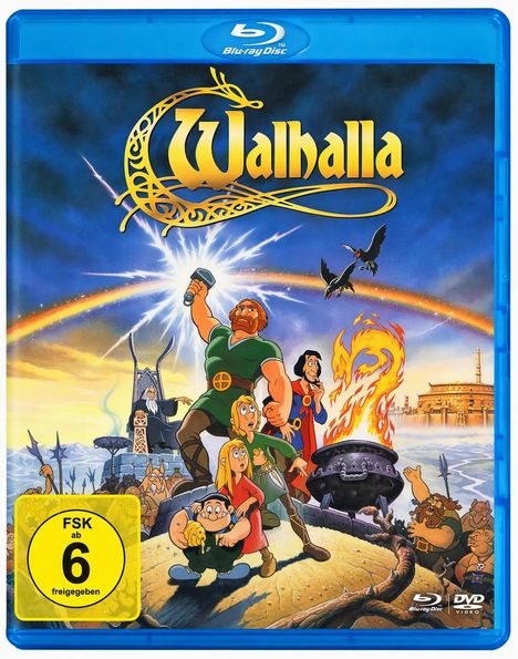 Text: „Walhalla“, „FSK ab 6 freigegeben“. Illustration von Figuren in nordischer Mythologie, mit Kriegern und Göttern.