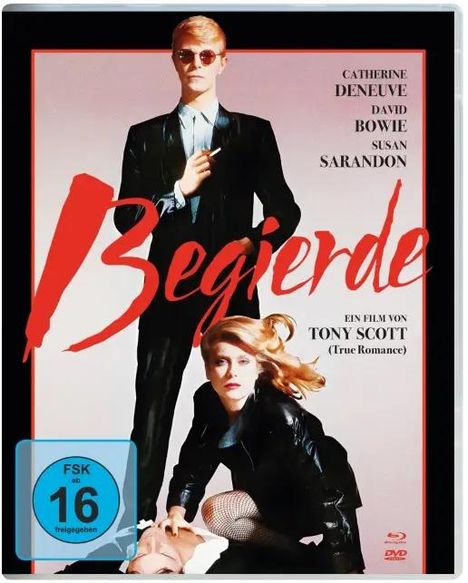 Titel: "Begierde". Darsteller: Catherine Deneuve, David Bowie, Susan Sarandon. Regie: Tony Scott. Personen in schwarzer Kleidung.