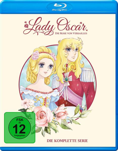 "Lady Oscar – Die Rose von Versailles", "FSK ab 12 freigegeben", "Die komplette Serie". Illustration: Zwei Figuren im Rokoko-Stil.