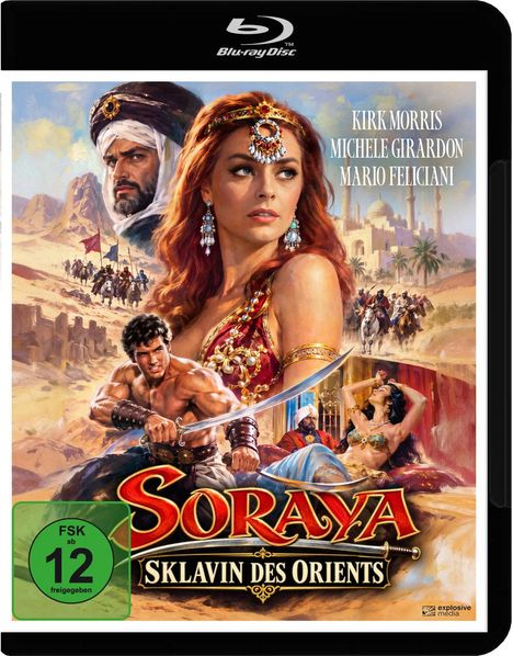 Titel: "Soraya - Sklavin des Orients". Namen: Kirk Morris, Michele Girardon, Mario Feliciani. Farbenfrohe orientalische Illustration.
