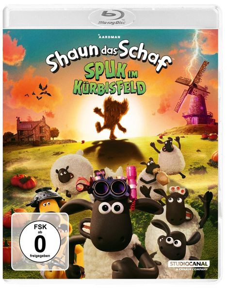 "Shaun das Schaf: Spuk im Kürbisfeld" steht oben. Schaafe schauen erschrocken, große Kürbisse und eine getarnte Figur im Hintergrund.