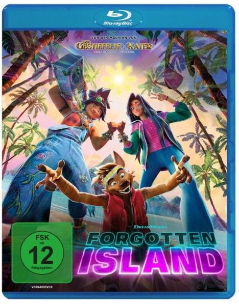 „FSK ab 12 freigegeben“, „Forgotten Island“. Drei Figuren feiern unter Palmen.