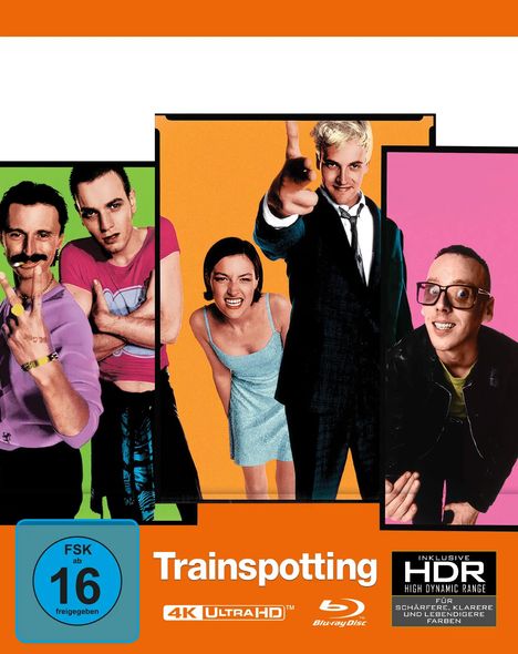 "Trainspotting" 4K Ultra HD Blu-ray-Cover mit fünf Personen auf buntem Hintergrund und FSK 16 Symbol.