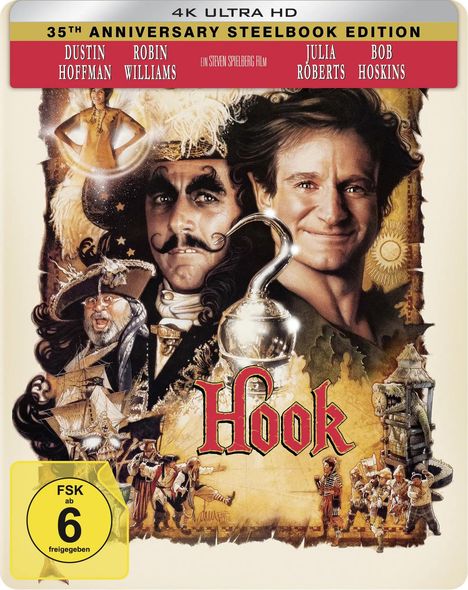 „Hook“, 35. Jubiläums-Edition, Namen wie Dustin Hoffman und Robin Williams, FSK 6, mit Piraten- und Märchenmotiven.